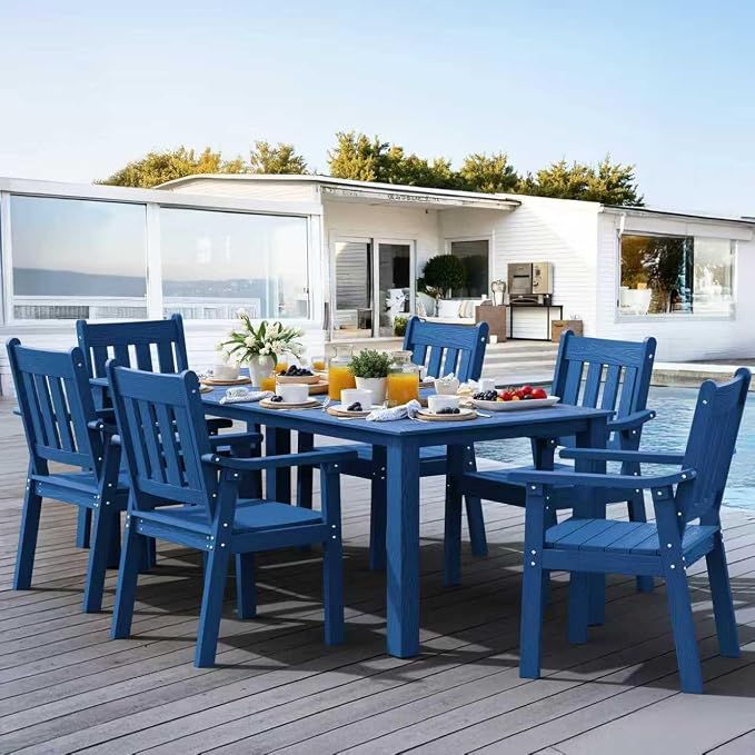 YEFU HIPS Patio Table Set: 7 Piece Outdoor Table and Chairs Dining Furniture Set with Umbrella Hole - Blue Modern Plastic Dining Sets 6 Person for Outside Deck with Metal Aluminum Frame