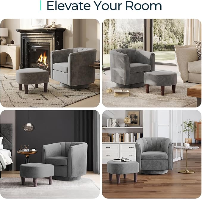 LINSY Swivel Accent Chair Ottoman Set: Velvet Larege Barrel Chair with Foot Rest, Modern Reading Chair Upholstered Armchair with Footrest for Living Room Bedroom Study Room Office (Grey)