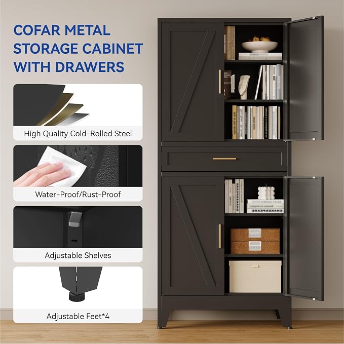 COFaR 71 in Tall Kitchen Pantry Cabinet with Drawer, Metal Pantry Storage Cabinet with 4 Adjustable Shelves and 4 Barn Doors, Freestanding Farmhouse Food Cupboard for Dining Room Garage, Black 6-Tier