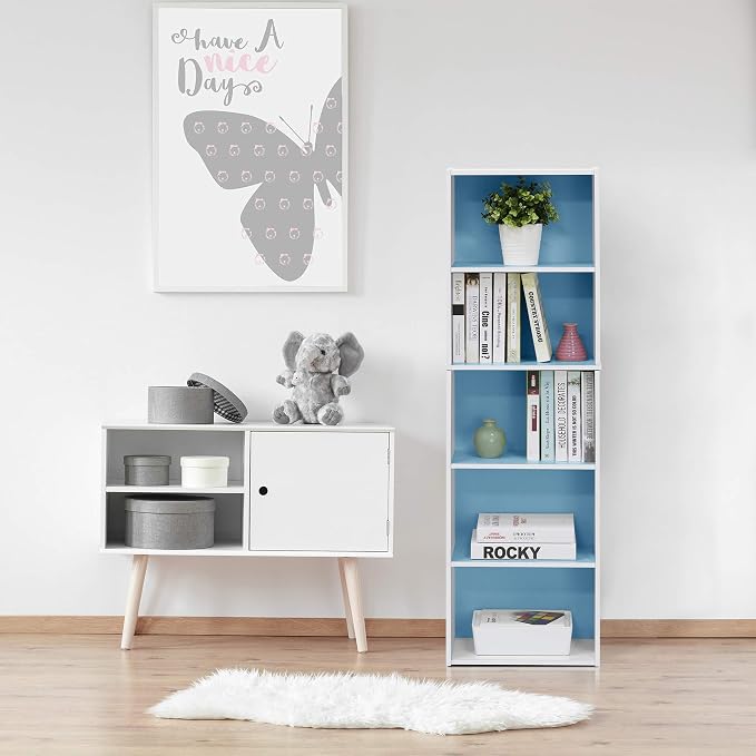 Furinno LUDER Book Shelf, 5-Tier Bookshelf, Bookcase with Open Shelves, 9.4 x 15.8 x 52, Easy Assembly, for Living Room, Bedroom, Home Office, White/Light Blue