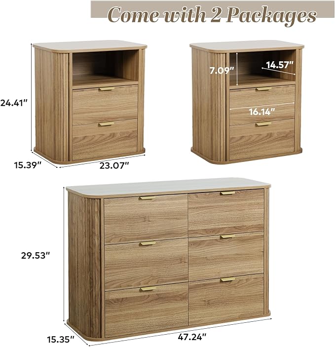 3-Piece Bedroom Furniture Set, Modern Fluted 6 Drawer Dresser & 2-Drawer Nightstands,Mid-Century Wood Storage Cabinet Set n for Bedroom, Hallway (Walnut)