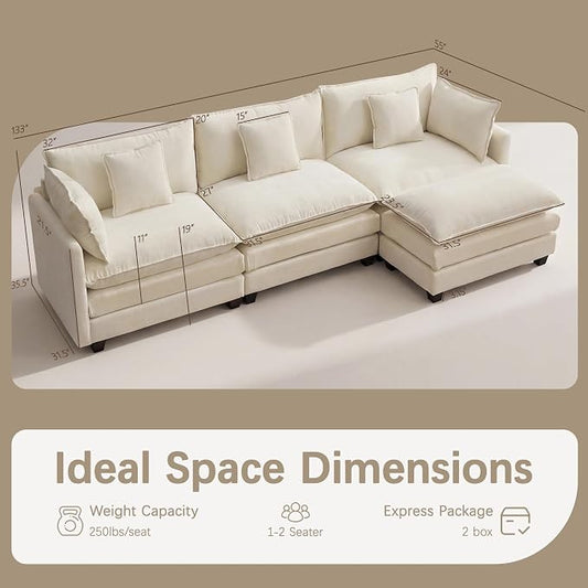 Modular Sectional Sofa for Living Room, 102" Oversized Cloud Couch with Movable Ottoman, 4 Seat Modern Comfy Sofa Chenille Deep Seat Couches with L Shape, for Office Bedroom Living Room