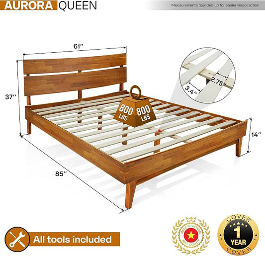 Acacia Aurora Wooden Bed with Headboard, Queen Size Bed Frame, 800lbs Capacity Wood Bed Compatible with All Mattress Types, Non-Slip & Noise-Free, Wood Slats Support, Easy Assembly, Caramel.