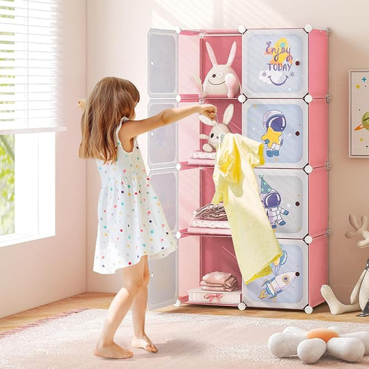 INFANS Children Wardrobe, Kid Closet Portable Baby Dresser Cute for Kids Bedroom Nursery Armoire with Doors 12 Cube 2 Hanging Sections, Kid Clothes Storage Organizer (Pink, 8 Cubes)