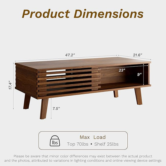 Furniway Mid Century Modern Coffee Table, Wood Coffee Table with Storage, Farmhouse Table for Living Room, Apartment, Walnut