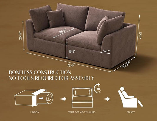ohllob 78.9" Loveseat Sofa, Cloud Boneless Couches for Living Room, Modern Modular Sectional Sofa, Oversized, Brown