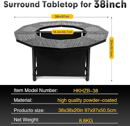 38 Inch Fire Pit Surround Tabletop for Solo Stove Bonfire up to 17.5" and Most Wood Burning Fire Pits, 18.4 in Inner, Coated Metal Outdoor Fire Pit Table with 360° Safety Barrier