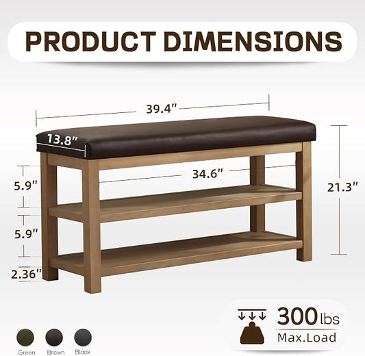 Zihanhome Shoe Rack Bench with Leather Cushion, 2 Tier Solid Wood Storage Bench, Mid-Century Modern Shoe Bench for Entryway, Hallway, Closet, Front Door Entrance, Foyer (Dark Brown, 39.4")