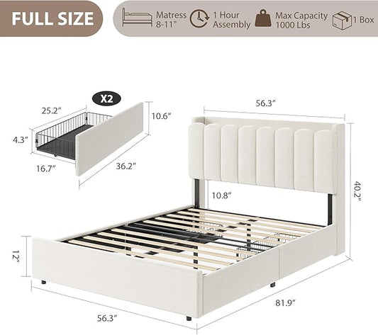 Garvee LED Full Size Bed Frame with Storage Headboard, Kids Bed Frame with 2 Drawers, Boucle Upholstered Platform Bed for Girls, Chic Wavy Headboard with Bookcase, No Box Spring Needed, White