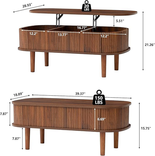 Fully Assembled Fluted Lift Top Coffee Table with Hidden Compartment, Wooden Center Table, Modern Oval Lift Tabletop for Home Living Room Office, Walnut