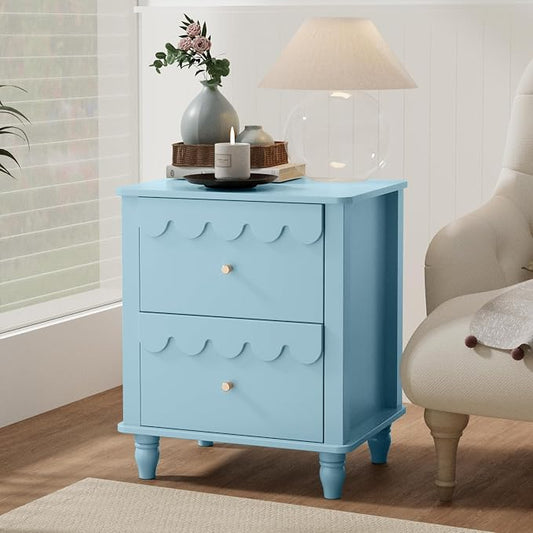 Anbuy Blue Nightstand Set of 2 with Petal Pattern, Modern Night Stand Set 2 with 2 Drawers for Bedroom, Side End Table Scalloped Bedside Night Tables with Solid Wood Legs