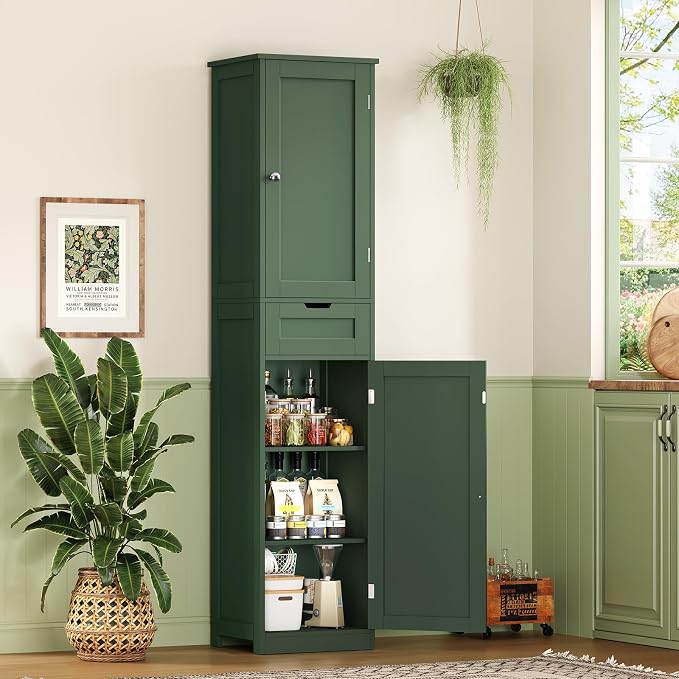 Iwell Tall Bathroom Storage Cabinet with 2 Doors & 1 Drawer, Narrow Storage Cabinet with Adjustable Shelves, for Living Room, Bathroom, Kitchen, Forest Green