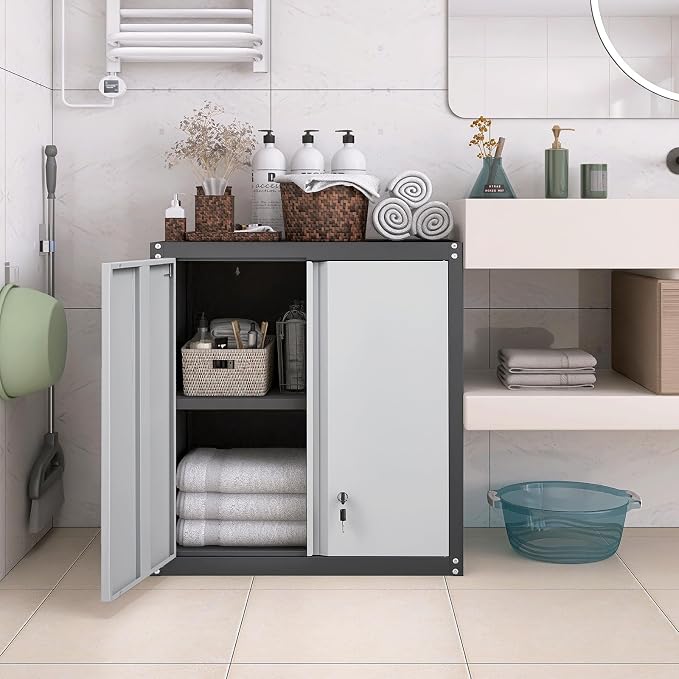GREATMEET 28" H Lockable Metal Garage Storage Cabinets, Metal Cabinet Storage, Garage Wall Cabinet with Doors and Shelves, Hanging Floating, Grey&Black