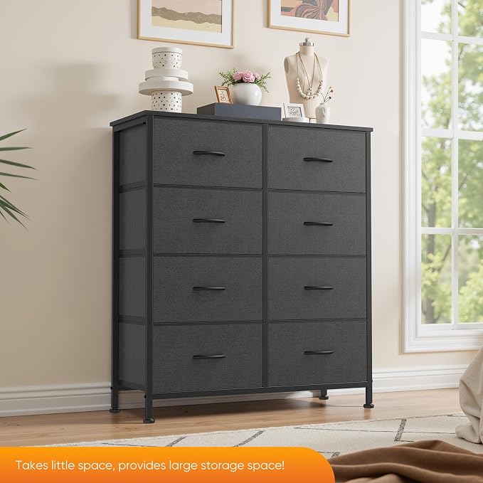 Sweetcrispy 8 Drawer Dresser with Fabric Bins Fabric Storage Tower Organizer for Bedroom Closet Hallway Entryway Tall Chest of Drawers with Steel Frame Wood Top Easy Pull Handles,Grey