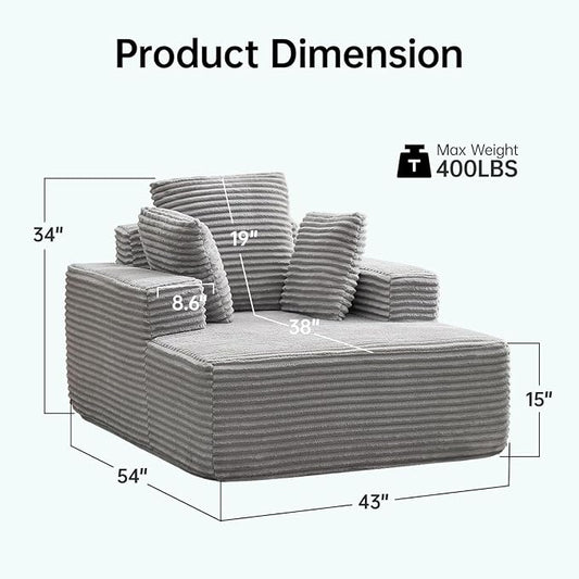 Boneless Chaise Lounge Chair, 54" Oversized Cloud Couch Sofa with Deep Seat, Plush Corduroy Reading Chair for Living Room, Bedroom, Reading Nook, Apartment, Gaming Room & Movie Nights, Gray