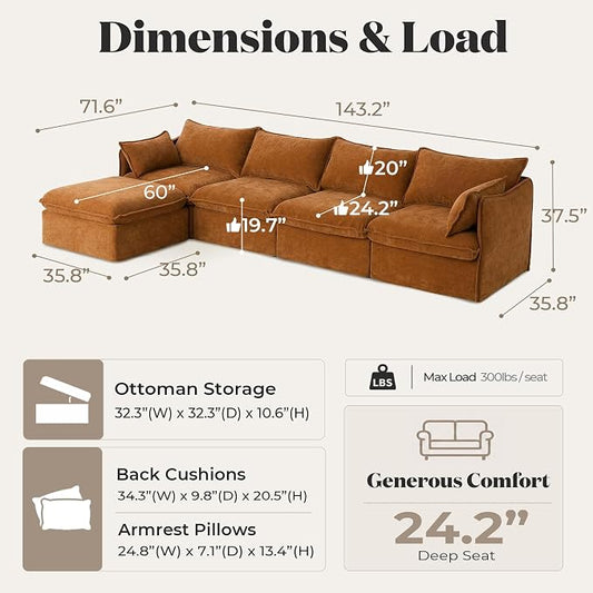 Cloud Modular Sectional Sofa, Oversized Deep Seat Comfort, Luxe Chenille | Fully Removable Washable Covers, Memory Foam Seat Cushions, Storage Ottoman, Premium Fabric