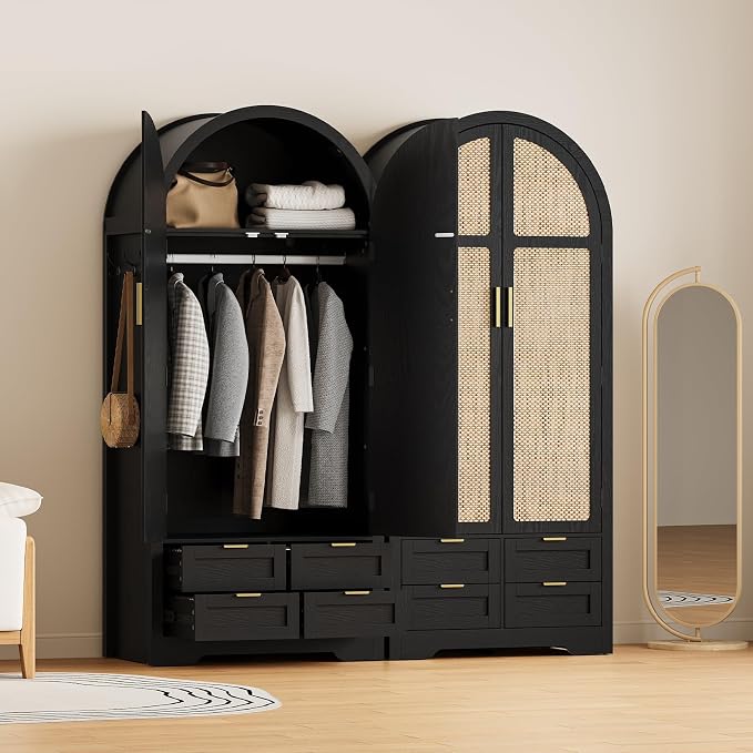 Armoire Wardrobe Closet with 4 Drawers - 2 Wood Bedroom Armoires and Wardrobes with Rattan Doors for Hanging Clothes, Clothing Cabinet Arched Closets for Cloak Room, 2 Wardrobes, Black