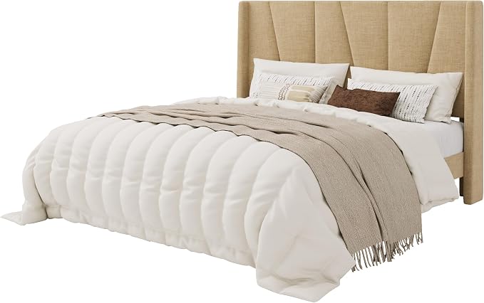 SHA CERLIN Queen Size Bed Frame with Geometric Wingback Headboard, Upholstered Platform Bed with Wooden Slats Support, 8" Under-Bed Space, No Box Spring Needed, Easy Assembly, Beige