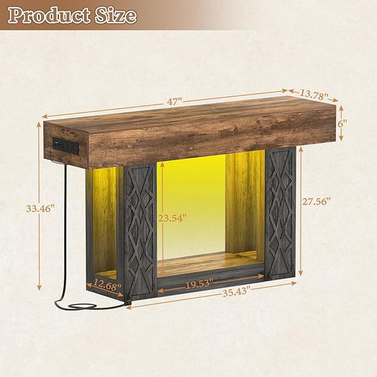 Unikito 47" Console Table with Outlets & LED Lights, Farmhouse Entryway Table with Unique Geometric Pattern, Sofa Table Behind Couch with 2-Tier Storage for Living Room, Hallway, Foyer, Grey & Brown