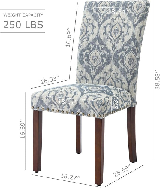 COLAMY Upholstered Parsons Dining Chairs Set of 4, Fabric Dining Room Kitchen Side Chair with Nailhead Trim and Wood Legs - Blue/White Flower