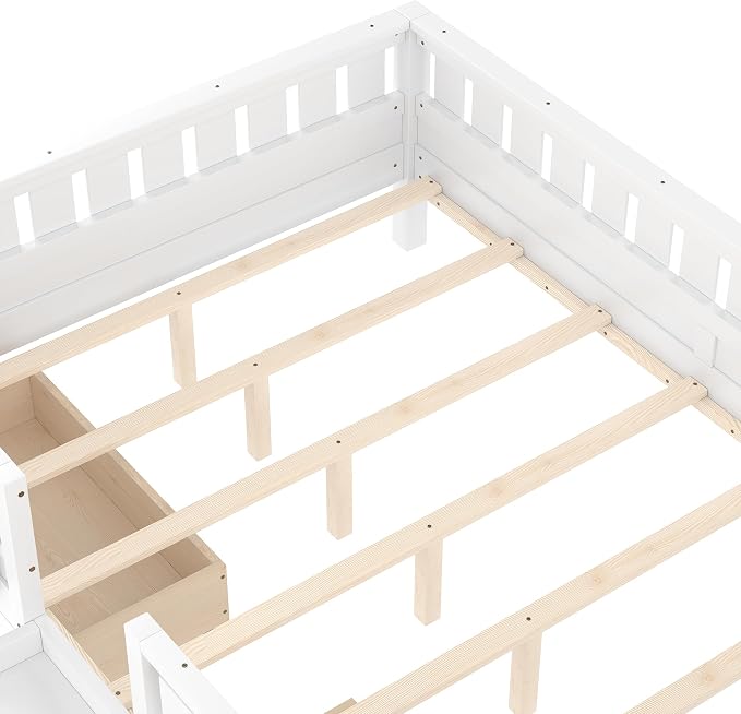 Queen Platform Bed with Storage Drawers and Bookshelves, Kids Platform Bed Frame with Low-profile Stairs and Full-length Guardrails, Queen Bed Frame for Boys, Girls, No Box Spring Needed, White