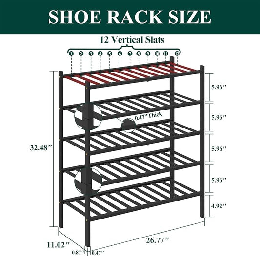 Smiry Bamboo Shoe Rack, 5 Tier Free Standing Wooden Shoe Organizer, Stackable Wood Shoe Storage Shelf for Closet, Entryway, 12 Vertical Slats, 2+2+1 Stack Standard Legs, 26.8"x11"x32.5", Black