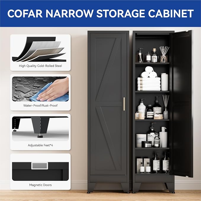 COFaR 67'' Tall Narrow Bathroom Storage Cabinet, Metal Farmhouse Skinny Pantry Cabinet with 4 Adjustable Shelves and One Door, Slim Cabinet Storage for Kitchen Garage, 5-Tier Black