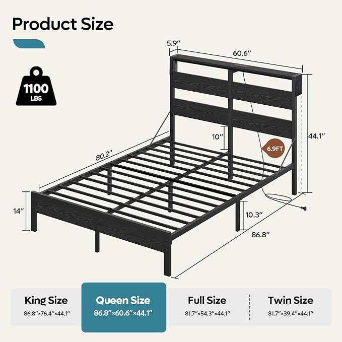 Bestier Queen Size Bed Frame with Headboard and Charging Station, Black Queen Bed Frame with LED Light, Non-Slip Platform Bed Frame Queen Size, Noise-Free, Easy Assembly, Black