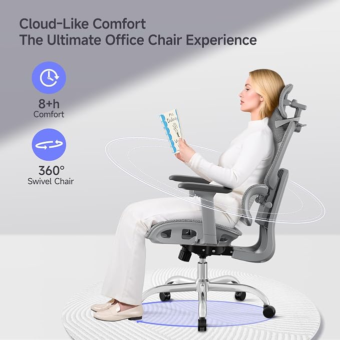 Ergonomic Office Chair with 3D Headrest, Computer Chair with Adjustable Backrest & 3D Armrest, Gaming Chair with Adaptive Lumbar Support, Mesh Backrest & Cushion, Grey