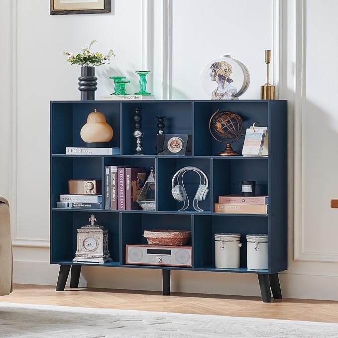 LEYAOYAO 10 Cube Bookshelf, 3 Tier Vintage 55" Wide Bookcase with Legs, Mid-Century Wood Bookshelves Storage, Dark Blue Large Book Case, Freestanding Organizer Display Shelf for Living Room, Office