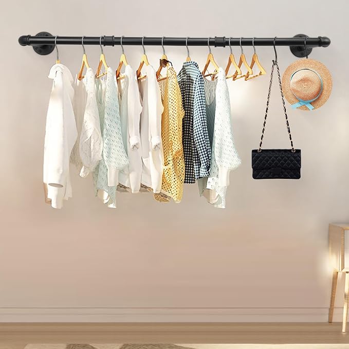 Livabber Industrial Pipe Clothes Rack, Heavy Duty Detachable Iron Garment Rack Wall Mounted, Rustic Saving Space Clothes Bar Multi-Purpose Hanging Rod for Bedroom, Closet, Black (36 Inch)