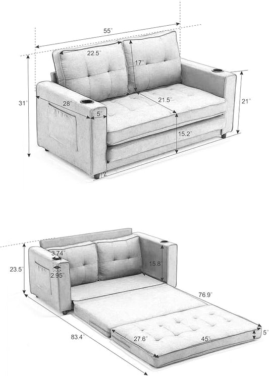 ERYE Foldable Loveseat Sofa Convertible Pull Out Sleeper Sofabed,2 Seat Tufted Upholstered Sofa Modern Convertible Sleeper Couch Bed with Cupholders and Side Pockets