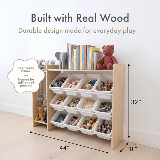 Humble Crew Toy Storage Organizer with Stuffed Animal Storage, 12 Removable Storage Bins for Kids Playroom, Toy Organization and Storage, Solid Wood, Natural/White