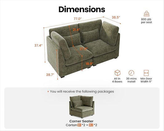 77" Oversized Chenille Couch Modular Sectional Sofa, Washable Cloud Couch Sectional, 2 Seater Sectional Couches for Living Room, Fully Cover Removable, Loveseat Sofa, Chenille, Green