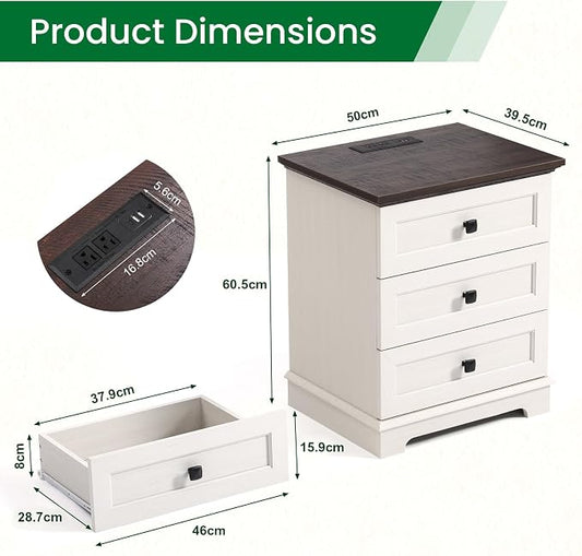 20-Inch Wide Modern Nightstand with Charging Station, End Table with 3 Large Drawers, Simple Design Bedside Table for Bedroom and Office,White(Single Piece)