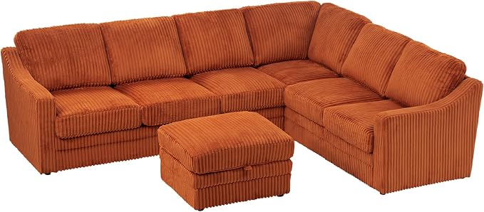 115 Inches Corduroy Sectional Sofa with Storage Ottoman, Modern 7 Seats Corner Couch with Deep Seat, Comfy Modular U Shaped Couch with Comfortable Cushions for Living Room, Orange