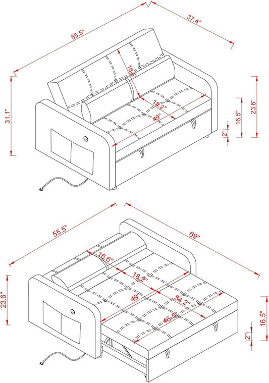 55.5" Velvet Convertible Sofa Bed, Pull Out Sleeper Sofa Bed, Loveseat Couch with USB Charging Ports, 3 in 1 Convertible Sleeper Sofa Bed for Living Room, Apartment, Bedroom, RV, Grey