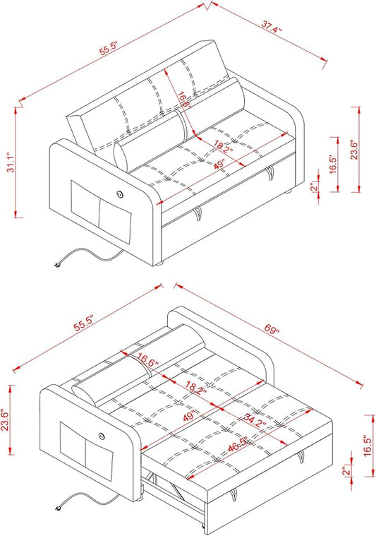 55.5" Velvet Convertible Sofa Bed, Pull Out Sleeper Sofa Bed, Loveseat Couch with USB Charging Ports, 3 in 1 Convertible Sleeper Sofa Bed for Living Room, Apartment, Bedroom, RV, Black