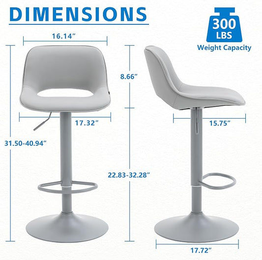 YOUNIKE Bar Stools Set of 2 All Grey Swivel Barstools, Compact Adjustable Counter Height Bar Stools Faux Leather Upholstered Counter Stools with Hollow Back for Kitchen Island