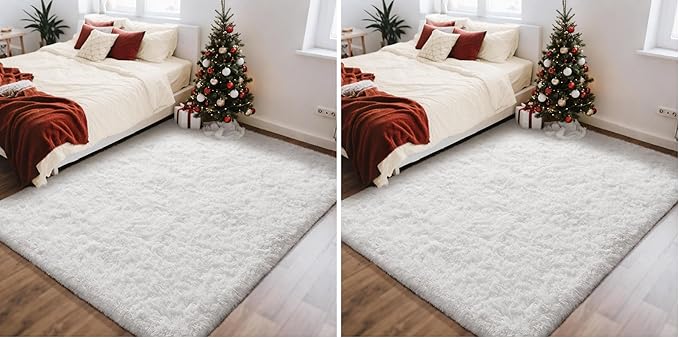 Ophanie White Rugs for Bedroom Fluffy, 4x6 Nursery Soft Fuzzy Shag Plush Shaggy Bedside Area Rug, Living Room Carpet for Girls Kids Baby Teen Dorm Home Decor Aesthetic (Pack of 2)