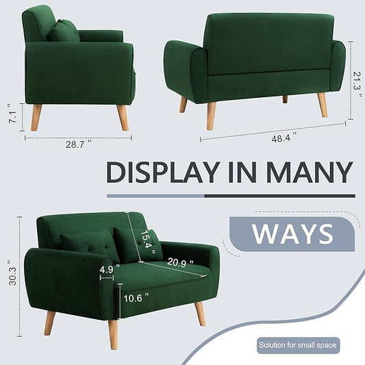 Shintenchi 48'' Loveseat Sofa, Mid-Century Modern Upholstered Couch Deep Seat with 2 Pillows, 10" Thick Cushion with Spring, Solid Wood Frame Small Couch for Living Room, Dorms & Office, Green