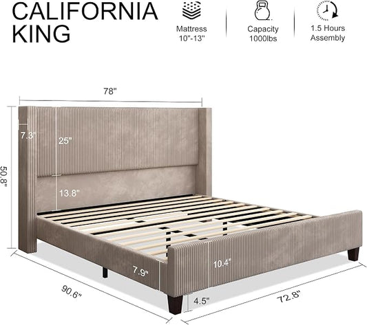 HOWE California King Size Bed Frame with Corduroy Wingback Headboard, Taupe | Modern Upholstered Platform Bed, 50.8 Inch Tall Profile, Solid Wood Slats, No Box Spring Needed, Noise-Reducing Designrt