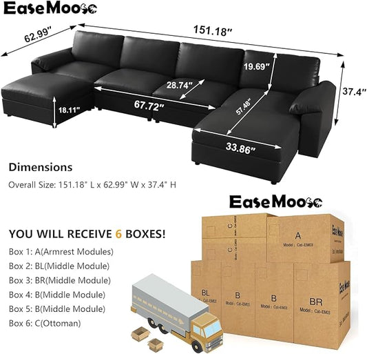 EASE MOOSE Oversized Modular Sectional Sofa,Leather Sectional Couch with Deep Seat, Classic Extra Large U Shaped Couch,Faux Leather Material Sofa Comfy Scratch Resistant for Living Room,Black