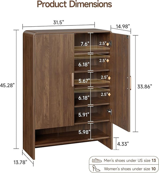 ONBRILL 6-Tier Shoe Storage Cabinet, 45'' Large Farmhouse Shoe Cabinet for Entryway, Modern Wooden Shoe Rack Organizer with Doors and Shelves, for Front Door Hallway (Walnut)