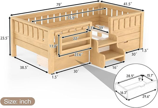 Bellemave Twin Floor Bed with Stairs, Rails and Slats, Twin Size Montessori Floor Bed with Bookshelf and 2 Storage Drawers, Easy Assemble Montessori Beds Frame for Girls, Boys, Deep Natural