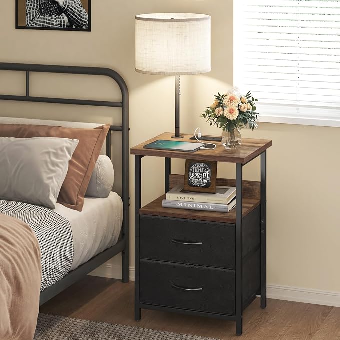 Fixwal Bedside Table with 3 Color Temperature Reading Light, Nightstand with LED Light & Charging Station End Table with Adjustable Fabric Drawer for Bedroom, Dorm, Rustic Brown