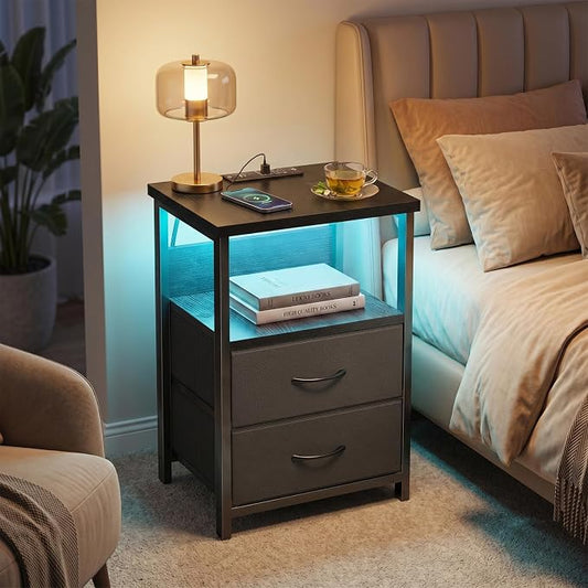 Fixwal Nightstand Set of 2 Night Stand with Charging Station, LED Nightstand with Fabric Drawers, End Table with PU Finish, Bed Side Table, Black