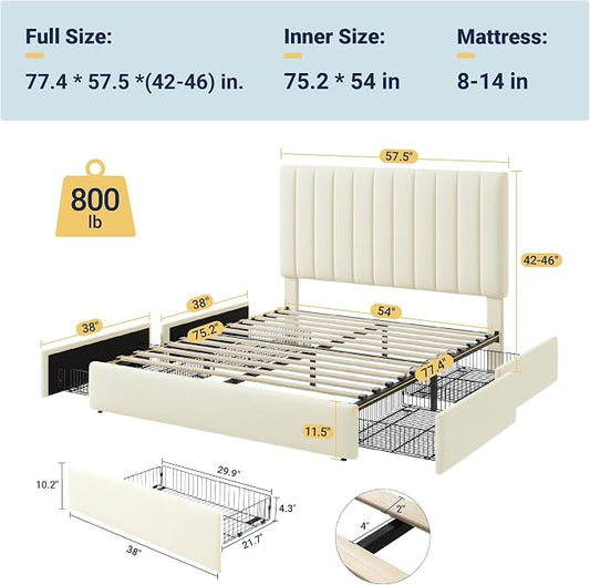 Allewie Full Size Storage Bed Frame, Vertical Channel Tufted Adjustable Headboard, Velvet Upholstered Platform Bed with 4 Oversized Underbed Drawers, Wooden Slats Support, No Box Spring Needed, Cream