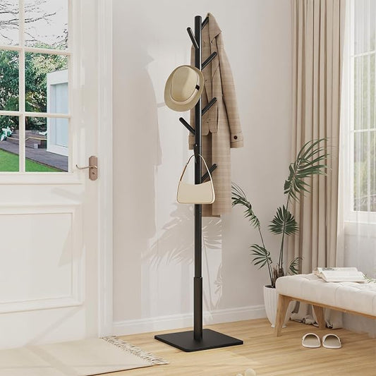 Coat Rack Freestanding with Stable Square Base for Cloathes, Hat, Used in Bedroom, Office and Entryway, Sturdy and Easy Assembly Coat Tree with 3 Adjustable Sizes and 8 Hooks, Black