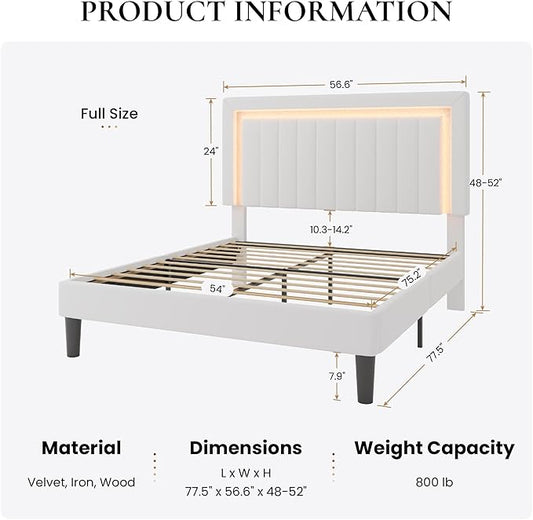 SHA CERLIN Full Size Velvet Bed Frame with LED Light, Adjustable Vertical Channel Tufted Headboard, Strong Wooden Slats Support, Noise-Free, No Box Spring Needed, White